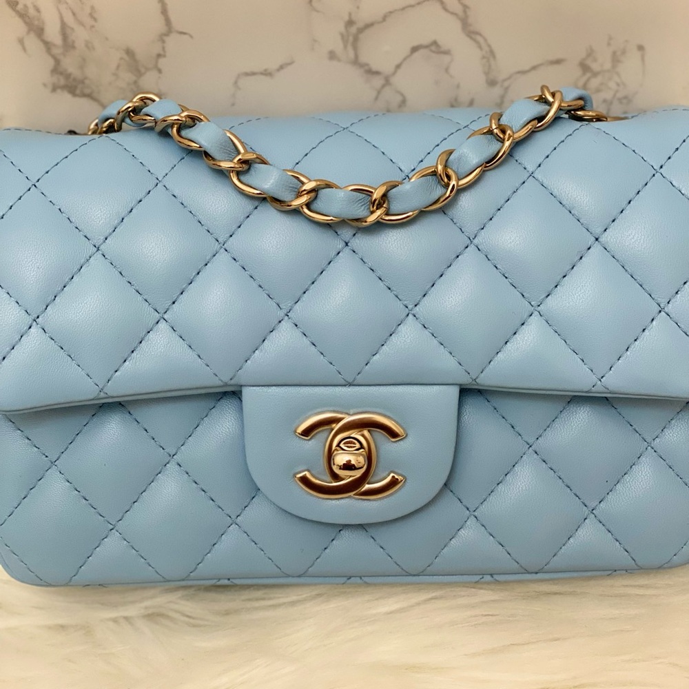 💙BNIB 22S Chanel mini rectangle in light blue lambskin with gold hardware💙